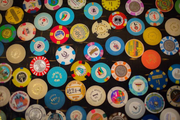 Gambling chips on a table.